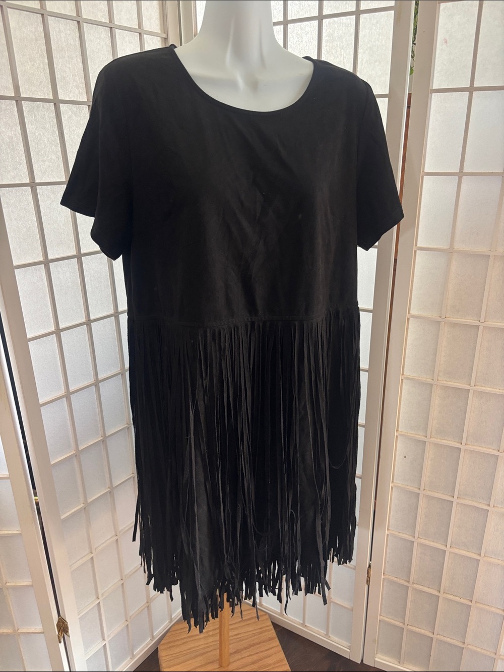 Pants store Black Short Sleeve Mini Dress with Fringe Hem- L